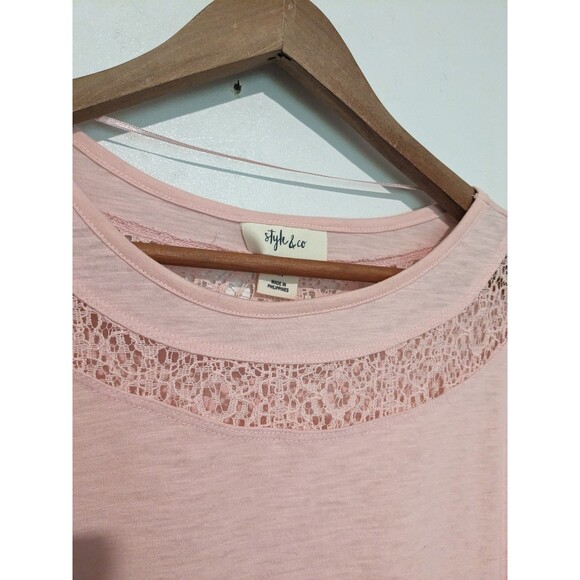 Style & Co Pink Knit Tulip Sleeve Lace Inset Blouse Top M - Picture 5 of 5